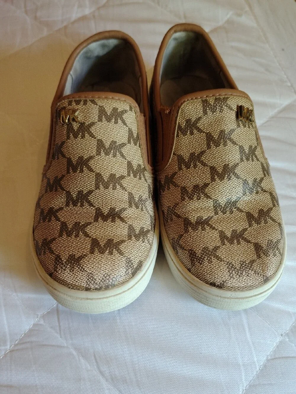 Michael Kors Beige and Brown MK Logo Slip-On Sneakers